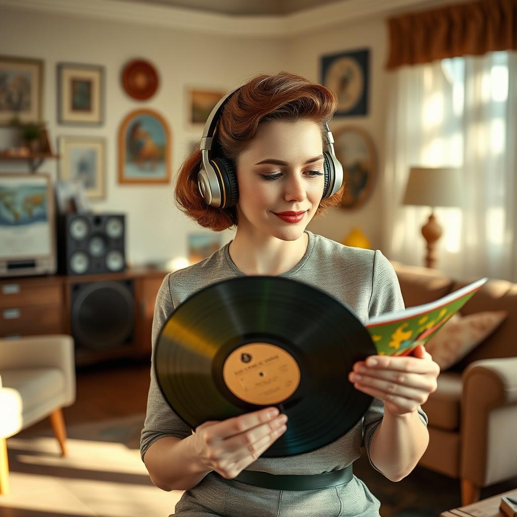 A midcentury woman with a vintage hairstyle and attire, listening to music with classic earphones