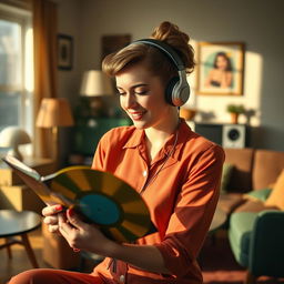 A midcentury woman with a vintage hairstyle and attire, listening to music with classic earphones