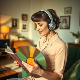 A midcentury woman with a vintage hairstyle and attire, listening to music with classic earphones