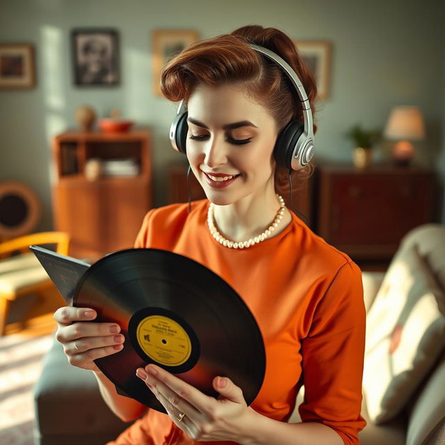 A midcentury woman with a vintage hairstyle and attire, listening to music with classic earphones