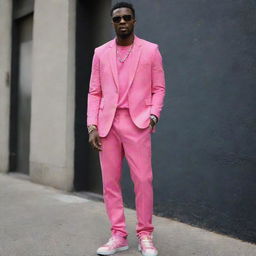 A vibrant, edgy, and pink-colored outfit for a black male urban artist