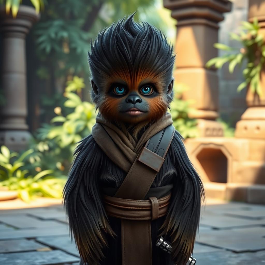 A young Wookiee Padawan with black fur and striking blue eyes, standing in a serene Jedi training environment