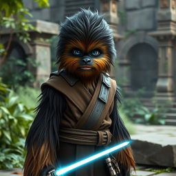 A young Wookiee Padawan with black fur and striking blue eyes, standing in a serene Jedi training environment