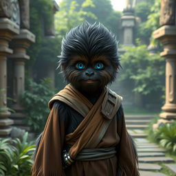 A young Wookiee Padawan with black fur and striking blue eyes, standing in a serene Jedi training environment