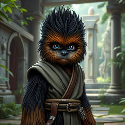 A young Wookiee Padawan with black fur and striking blue eyes, standing in a serene Jedi training environment