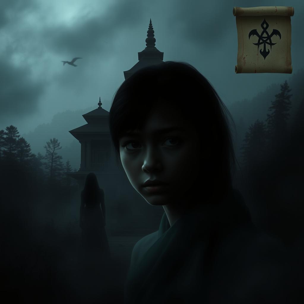 A dark, misty background with the silhouette of an ancient Nepali temple hidden in a dense forest