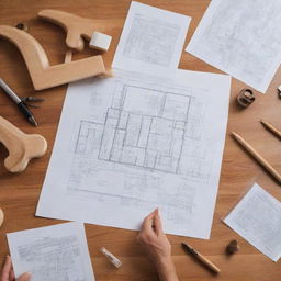 An elaborately outlined Integrated Project Delivery contract on a polished wooden table, with blueprints, architectural models, and construction tools spread around.