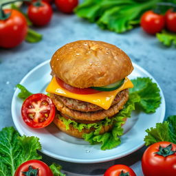 A highly detailed image of a large double burger with cheese and cucumber