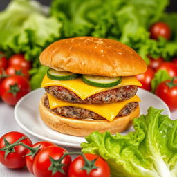 A highly detailed image of a large double burger with cheese and cucumber