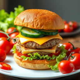 A highly detailed image of a large double burger with cheese and cucumber