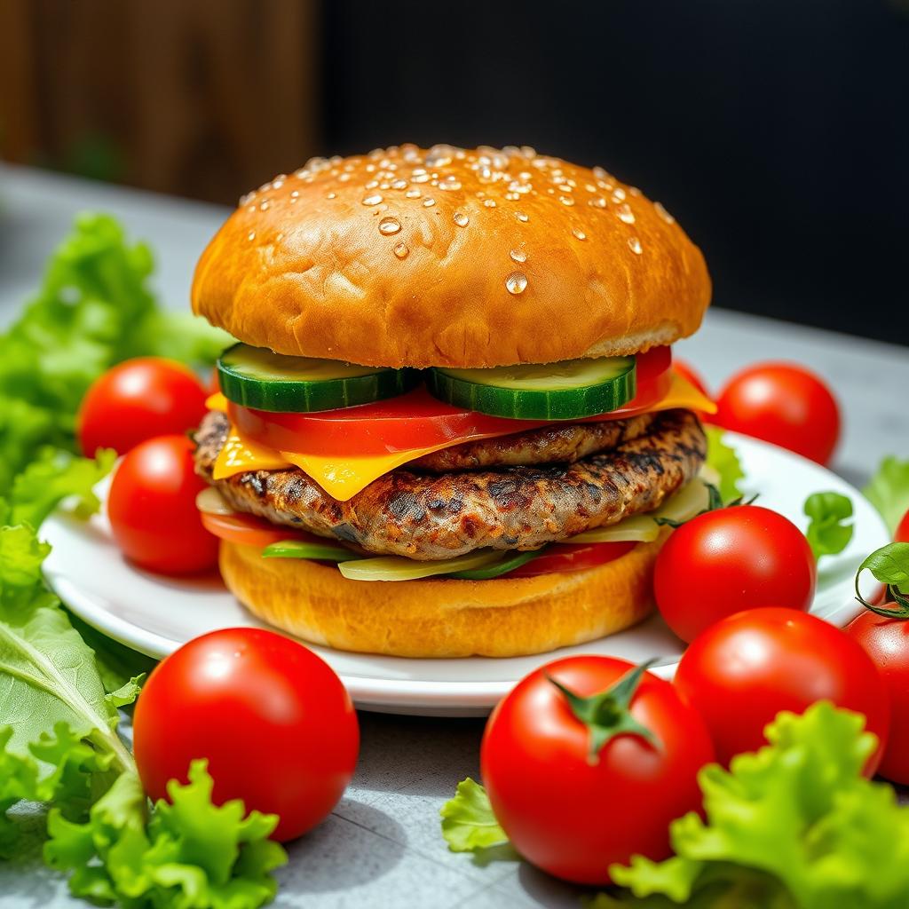 A highly detailed image of a large double burger with cheese and cucumber