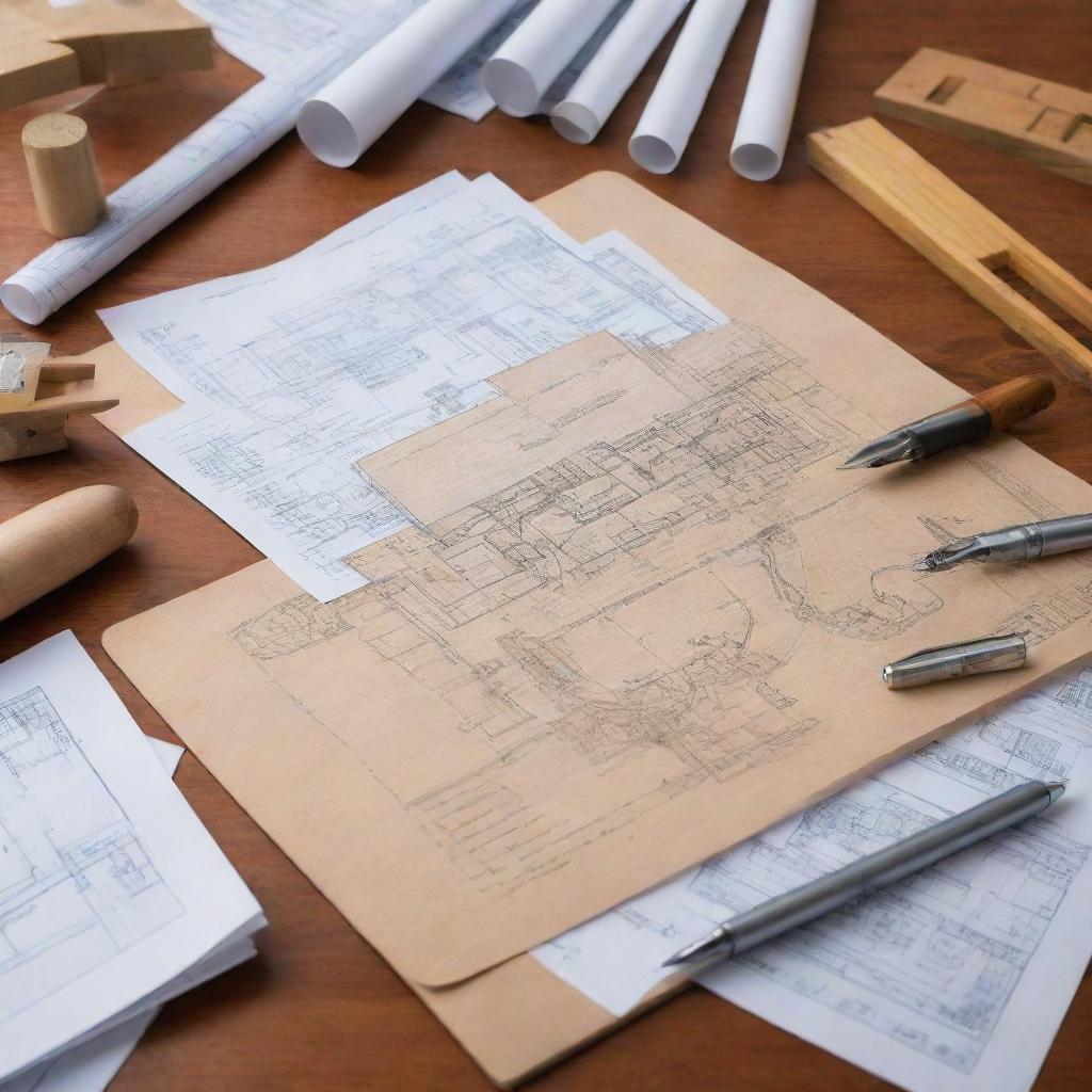 An elaborately outlined Integrated Project Delivery contract on a polished wooden table, with blueprints, architectural models, and construction tools spread around.