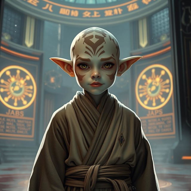 A young thisspiasian Padawan, featuring an alien species with pointed ears and intricate facial markings