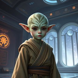 A young thisspiasian Padawan, featuring an alien species with pointed ears and intricate facial markings