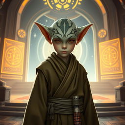 A young thisspiasian Padawan, featuring an alien species with pointed ears and intricate facial markings