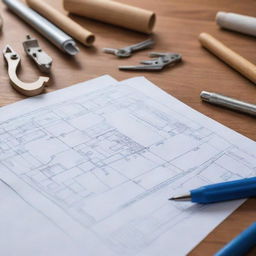 An elaborately outlined Integrated Project Delivery contract on a polished wooden table, with blueprints, architectural models, and construction tools spread around.