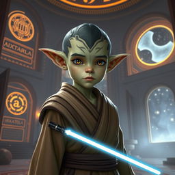 A young thisspiasian Padawan, featuring an alien species with pointed ears and intricate facial markings