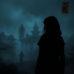 A dark, misty background with the silhouette of an ancient Nepali temple hidden in a dense forest