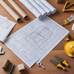 An elaborately outlined Integrated Project Delivery contract on a polished wooden table, with blueprints, architectural models, and construction tools spread around.