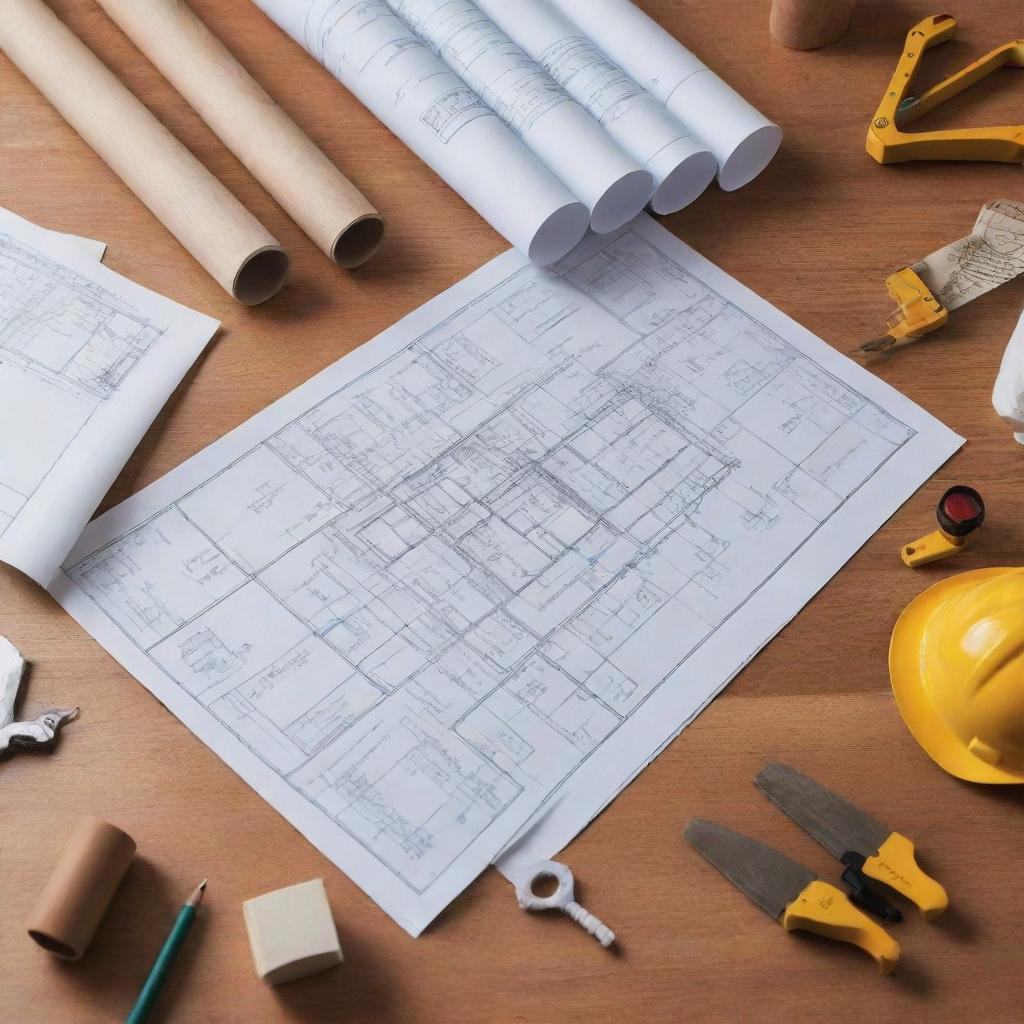 An elaborately outlined Integrated Project Delivery contract on a polished wooden table, with blueprints, architectural models, and construction tools spread around.