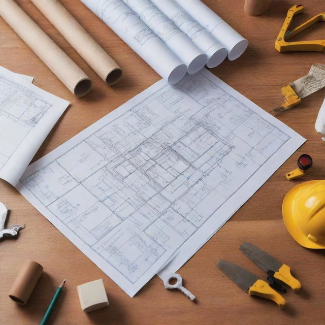 An elaborately outlined Integrated Project Delivery contract on a polished wooden table, with blueprints, architectural models, and construction tools spread around.