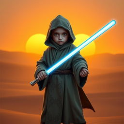 A young Jawa Jedi Padawan, wearing traditional Jedi robes with intricate patterns influenced by Tatooine culture, wielding a blue lightsaber with confidence