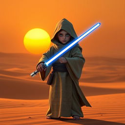 A young Jawa Jedi Padawan, wearing traditional Jedi robes with intricate patterns influenced by Tatooine culture, wielding a blue lightsaber with confidence