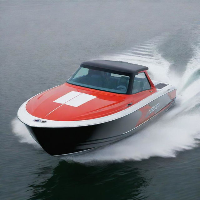 An off-shore powerboat design that incorporates the muscular design elements, signature colors, and distinctive logo of a GMC truck