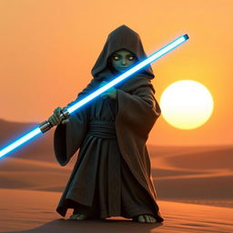 A young Jawa Jedi Padawan, wearing traditional Jedi robes with intricate patterns influenced by Tatooine culture, wielding a blue lightsaber with confidence