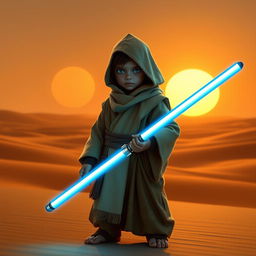 A young Jawa Jedi Padawan, wearing traditional Jedi robes with intricate patterns influenced by Tatooine culture, wielding a blue lightsaber with confidence