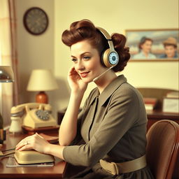 a midcentury woman attentively listening to English audio lessons through classic mid-20th-century earphones, styled in traditional 1950s fashion with a vintage dress and hairstyle, sitting at a retro desk with a rotary telephone and period-appropriate decor, set in a cozy living room environment reflecting the charm of the 1950s