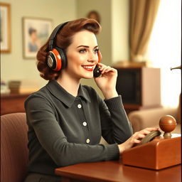 a midcentury woman attentively listening to English audio lessons through classic mid-20th-century earphones, styled in traditional 1950s fashion with a vintage dress and hairstyle, sitting at a retro desk with a rotary telephone and period-appropriate decor, set in a cozy living room environment reflecting the charm of the 1950s