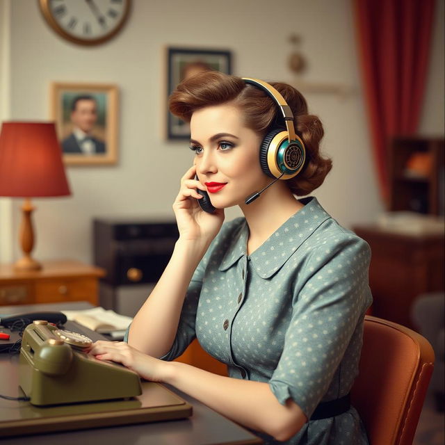 a midcentury woman attentively listening to English audio lessons through classic mid-20th-century earphones, styled in traditional 1950s fashion with a vintage dress and hairstyle, sitting at a retro desk with a rotary telephone and period-appropriate decor, set in a cozy living room environment reflecting the charm of the 1950s