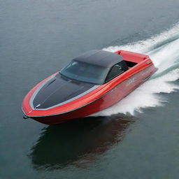 An off-shore powerboat design that incorporates the muscular design elements, signature colors, and distinctive logo of a GMC truck