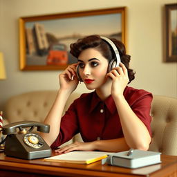 a midcentury woman attentively listening to English audio lessons through classic mid-20th-century earphones, styled in traditional 1950s fashion with a vintage dress and hairstyle, sitting at a retro desk with a rotary telephone and period-appropriate decor, set in a cozy living room environment reflecting the charm of the 1950s