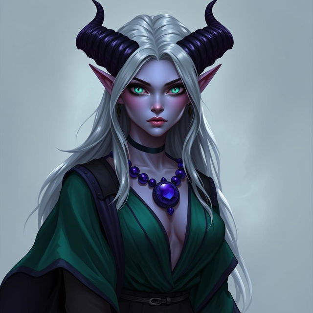 A female tiefling with dark purple horns and emerald green eyes