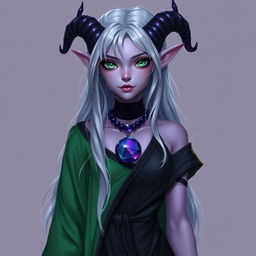 A female tiefling with dark purple horns and emerald green eyes