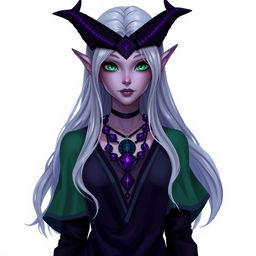 A female tiefling with dark purple horns and emerald green eyes