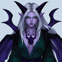 A female tiefling with dark purple horns and emerald green eyes