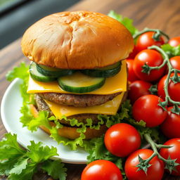 A highly detailed image of a large double burger with cheese and cucumber