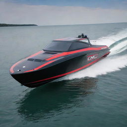 An off-shore powerboat design that incorporates the muscular design elements, signature colors, and distinctive logo of a GMC truck