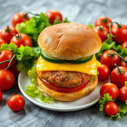 A highly detailed image of a large double burger with cheese and cucumber