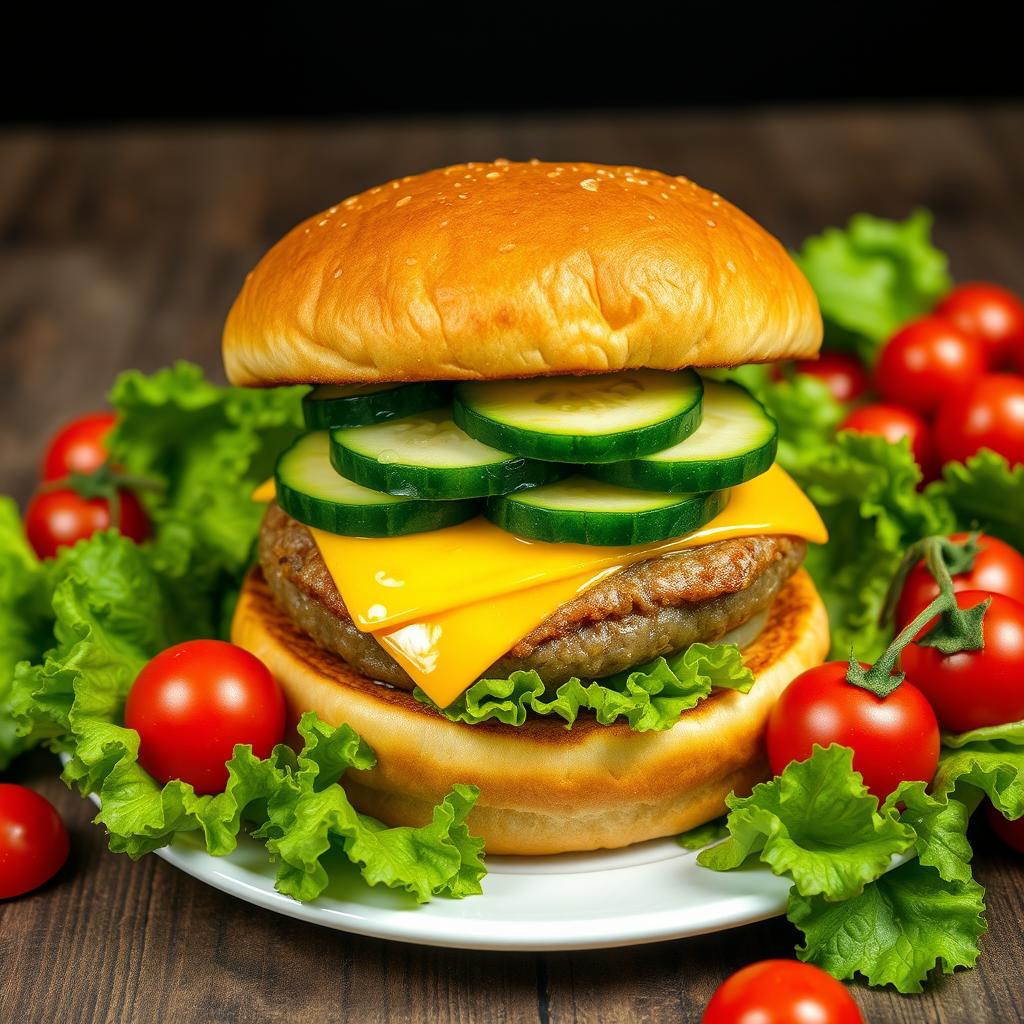 A highly detailed image of a large double burger with cheese and cucumber