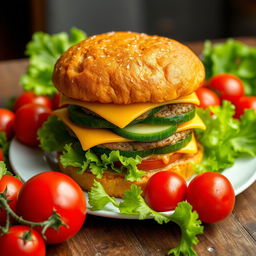 A highly detailed image of a large double burger with cheese and cucumber