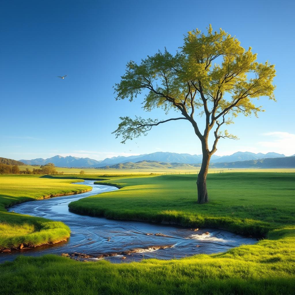 a pristine landscape with soft ambient lighting, a gentle stream flowing through lush green meadows, distant mountains under a clear blue sky, and a sense of tranquility and harmony