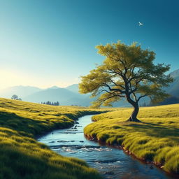 a pristine landscape with soft ambient lighting, a gentle stream flowing through lush green meadows, distant mountains under a clear blue sky, and a sense of tranquility and harmony