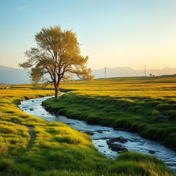 a pristine landscape with soft ambient lighting, a gentle stream flowing through lush green meadows, distant mountains under a clear blue sky, and a sense of tranquility and harmony