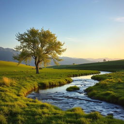 a pristine landscape with soft ambient lighting, a gentle stream flowing through lush green meadows, distant mountains under a clear blue sky, and a sense of tranquility and harmony