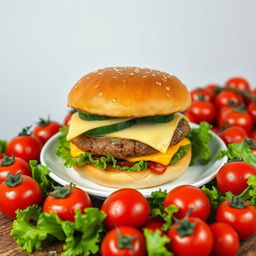 A highly detailed image of a large double burger with cheese and cucumber