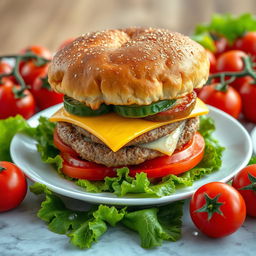 A highly detailed image of a large double burger with cheese and cucumber